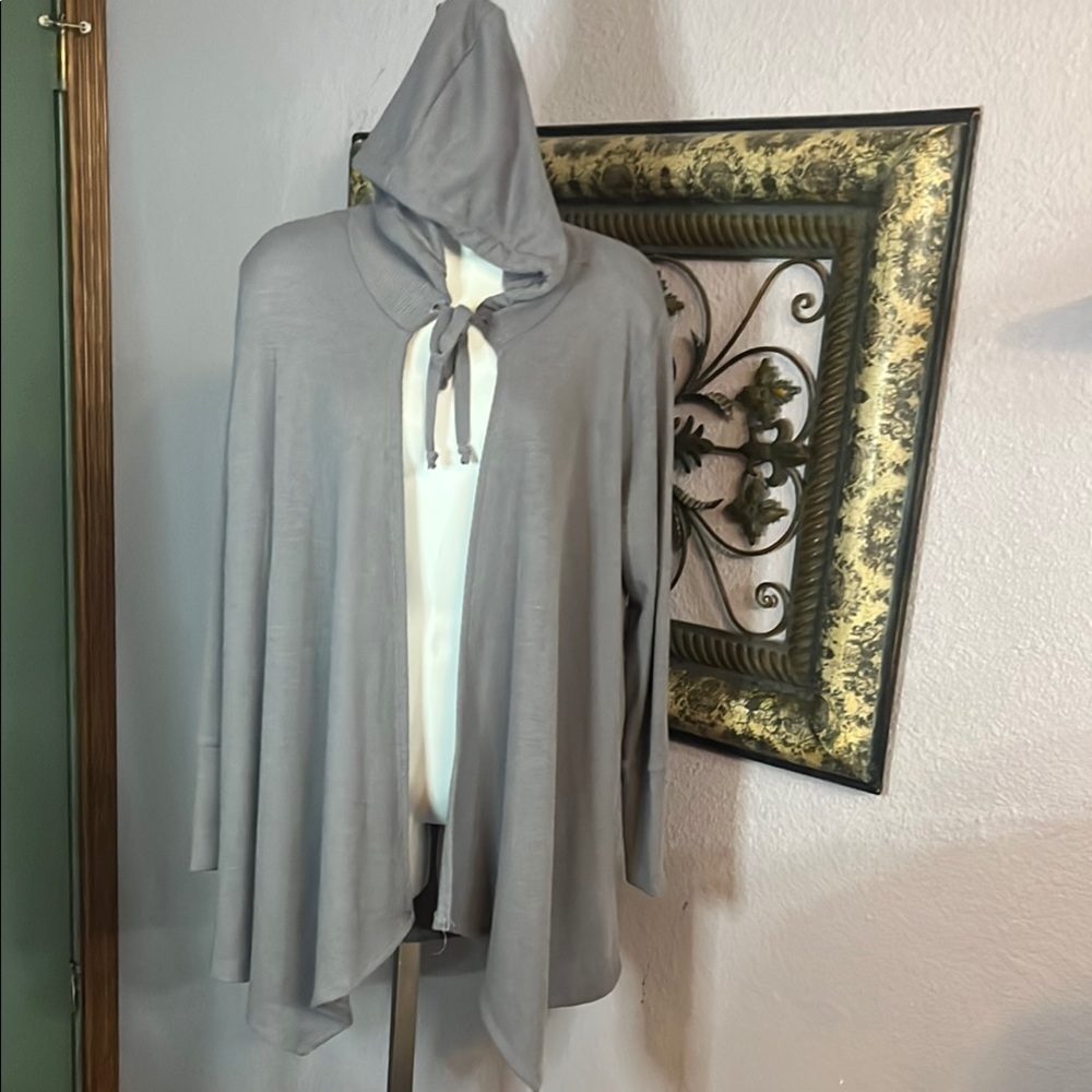 EUC Honeyme Cardigan-Gray Hooded Open Front lapels - soo soft/cuddly Sz S💙